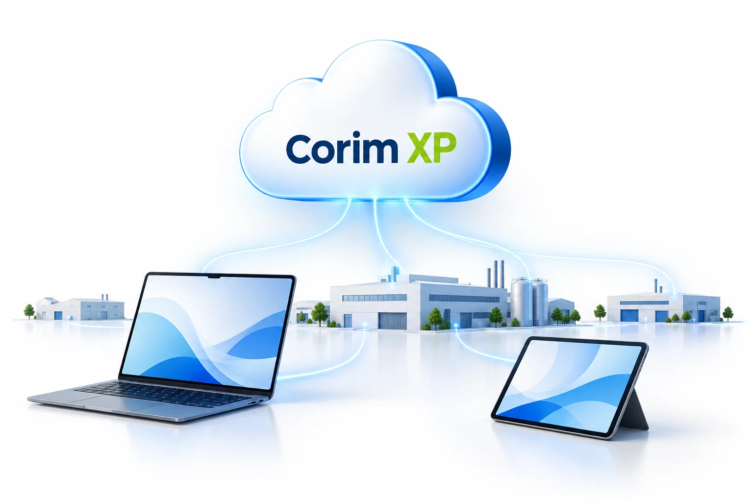 Illustration Corim XP Cloud reliant sites industriels, ordinateur et tablette