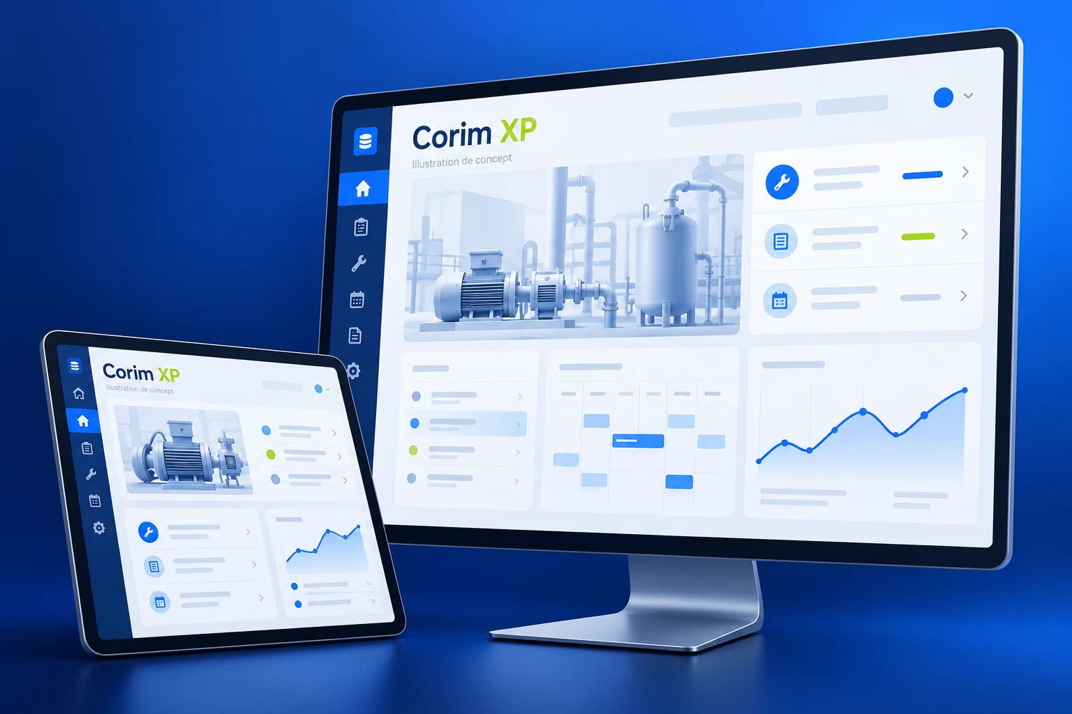 Corim XP sur écran et tablette — illustration de concept, non contractuelle